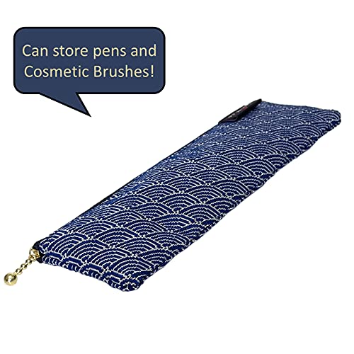 Sekikawa Japanese Pattern of Waves in Blue Ocean Pen Case Cosmetic Brush Case Samurai Ninja for Office, School Textile, Blue 9.1x11.4x0.8in (23×29×2cm)