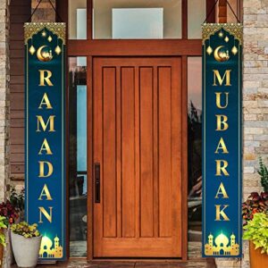 Ramadan Mubarak Hanging Banner Porch Sign Decoration - Happy Eid Mubarak Banner Hanging Sign for Indoor/Outdoor Front Door Eid Mubarak Ramadan Kareem Party Decor