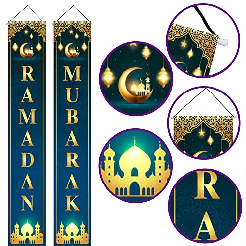 Ramadan Mubarak Hanging Banner Porch Sign Decoration - Happy Eid Mubarak Banner Hanging Sign for Indoor/Outdoor Front Door Eid Mubarak Ramadan Kareem Party Decor