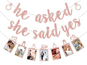 he asked she said yes banner, engagement banner and photo banner with precious memories, she said yes decorations, engagement decorations, engaged/wedding party decorations rose gold glitter