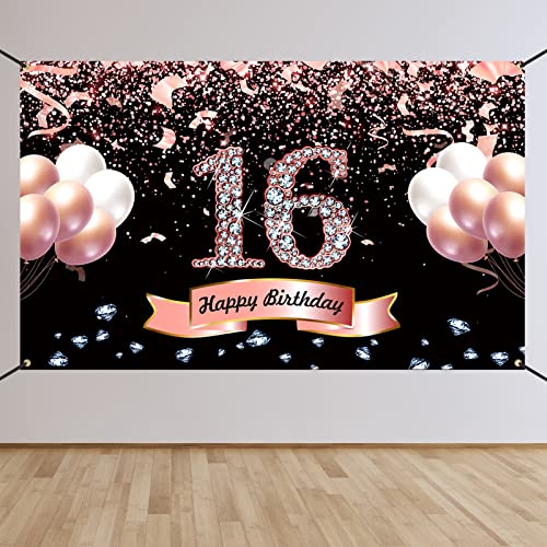 Trgowaul Sweet 16th Birthday Decorations for Girls - Rose Gold Sweet 16th Birthday Backdrop for her 16th Birthday Party Suppiles Sweet Sixteen Decorations for Girls Happy 16th Birthday Banner