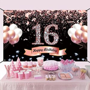 Trgowaul Sweet 16th Birthday Decorations for Girls - Rose Gold Sweet 16th Birthday Backdrop for her 16th Birthday Party Suppiles Sweet Sixteen Decorations for Girls Happy 16th Birthday Banner