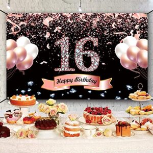 Trgowaul Sweet 16th Birthday Decorations for Girls - Rose Gold Sweet 16th Birthday Backdrop for her 16th Birthday Party Suppiles Sweet Sixteen Decorations for Girls Happy 16th Birthday Banner