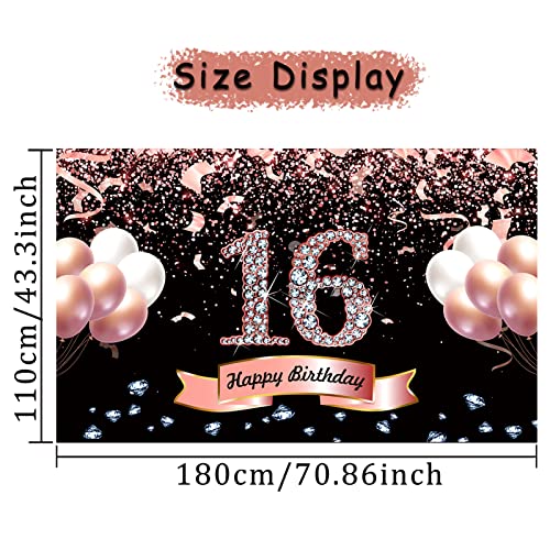 Trgowaul Sweet 16th Birthday Decorations for Girls - Rose Gold Sweet 16th Birthday Backdrop for her 16th Birthday Party Suppiles Sweet Sixteen Decorations for Girls Happy 16th Birthday Banner