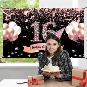 Trgowaul Sweet 16th Birthday Decorations for Girls - Rose Gold Sweet 16th Birthday Backdrop for her 16th Birthday Party Suppiles Sweet Sixteen Decorations for Girls Happy 16th Birthday Banner