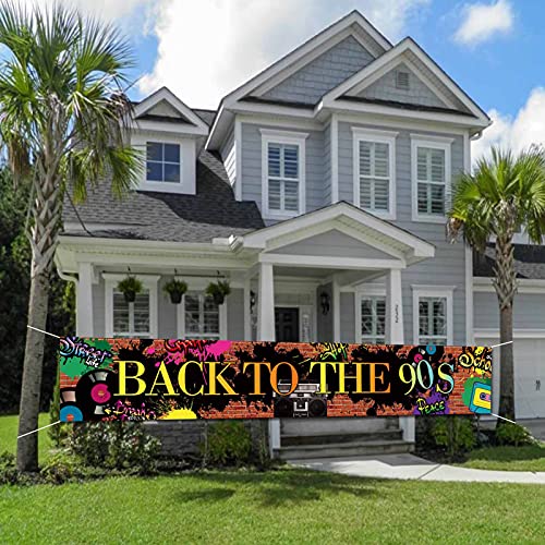 ZDX Back to the 90s Theme Banner Hip Hop Graffiti 90's Party Decor Fabric Wall Table Yard Indoor Outdoor Decorations Supplies With 13 Feet White Rope (9.8X1.6 FT) & Hanging