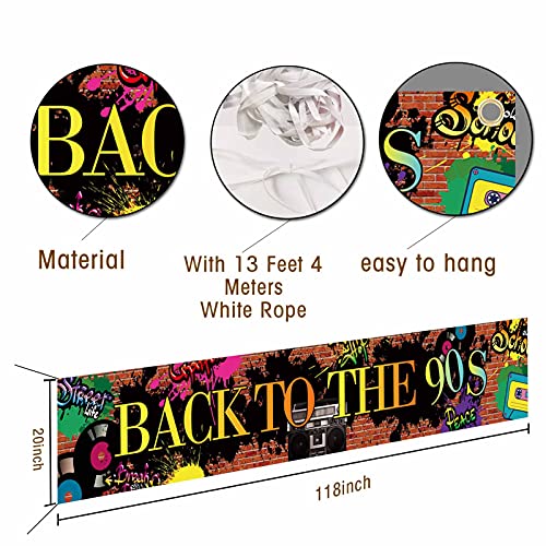 ZDX Back to the 90s Theme Banner Hip Hop Graffiti 90's Party Decor Fabric Wall Table Yard Indoor Outdoor Decorations Supplies With 13 Feet White Rope (9.8X1.6 FT) & Hanging