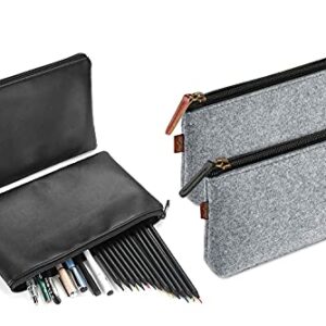 ProCase [2 Pack Black Soft PU Leather Pencil Bag Pen Case Bundle with [2 Pack] Grey Large Pencil Bag Pen Case