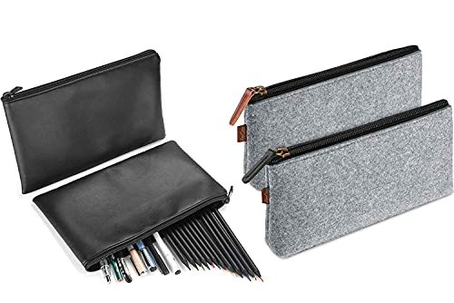 ProCase [2 Pack Black Soft PU Leather Pencil Bag Pen Case Bundle with [2 Pack] Grey Large Pencil Bag Pen Case