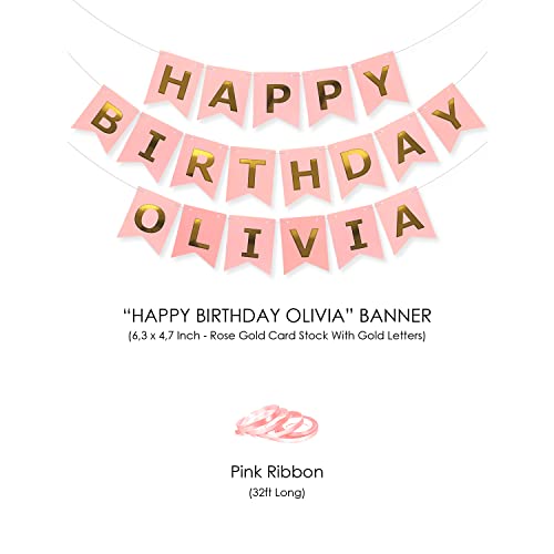 PartyForever Rose Gold Happy Birthday Olivia Banner Birthday Party Decorations and Supplies