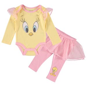 looney tunes infant baby girls’ one piece bodysuit with pull on pants and attached tutu skirt (yellow/pink, 18 months)