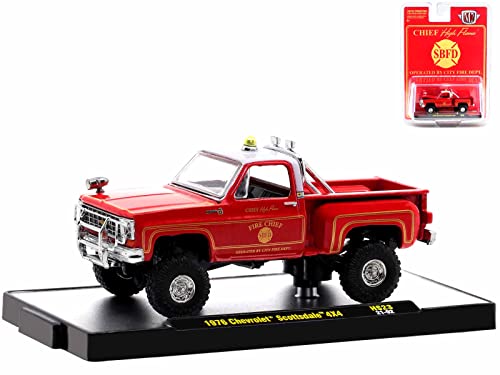 1976 Chevy Scottsdale 10 4x4 Fire Chief Pickup Red High Flame SBFD City Fire Department Ltd Ed to 8800 pcs 1/64 Diecast M2 Machines 31500-HS23