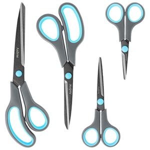 Asdirne Scissors, Teflon Coating All Purpose Scissors , Non-Stick Stainless Steel Blades, Ergonomic Semi-Soft Rubber Grip, Great for Craft, Office, School, Set of 4, 10"/8.5"/6"/5", Blue&Gray