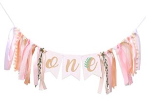 wahawu baby girl banner for 1st birthday – green leaf pink gold tan , rustic high chair banner , boho high chair bunting , photo decoration props , birthday party gifts for girls (green leaf pink banner)