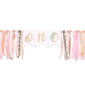 WAHAWU Baby Girl Banner for 1st Birthday - Green Leaf Pink Gold Tan , Rustic High Chair Banner , Boho High Chair Bunting , Photo Decoration Props , Birthday Party Gifts for Girls (Green Leaf pink banner)