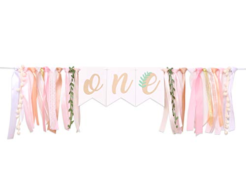 WAHAWU Baby Girl Banner for 1st Birthday - Green Leaf Pink Gold Tan , Rustic High Chair Banner , Boho High Chair Bunting , Photo Decoration Props , Birthday Party Gifts for Girls (Green Leaf pink banner)