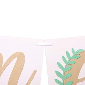 WAHAWU Baby Girl Banner for 1st Birthday - Green Leaf Pink Gold Tan , Rustic High Chair Banner , Boho High Chair Bunting , Photo Decoration Props , Birthday Party Gifts for Girls (Green Leaf pink banner)