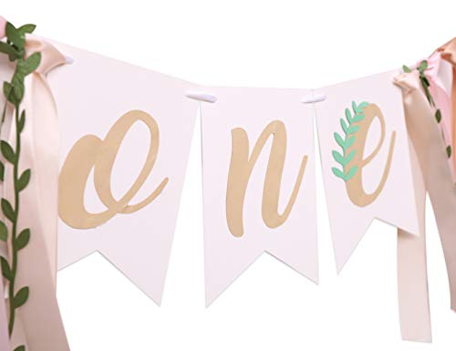 WAHAWU Baby Girl Banner for 1st Birthday - Green Leaf Pink Gold Tan , Rustic High Chair Banner , Boho High Chair Bunting , Photo Decoration Props , Birthday Party Gifts for Girls (Green Leaf pink banner)