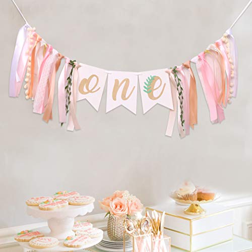 WAHAWU Baby Girl Banner for 1st Birthday - Green Leaf Pink Gold Tan , Rustic High Chair Banner , Boho High Chair Bunting , Photo Decoration Props , Birthday Party Gifts for Girls (Green Leaf pink banner)