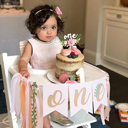 WAHAWU Baby Girl Banner for 1st Birthday - Green Leaf Pink Gold Tan , Rustic High Chair Banner , Boho High Chair Bunting , Photo Decoration Props , Birthday Party Gifts for Girls (Green Leaf pink banner)