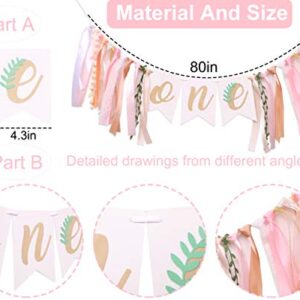 WAHAWU Baby Girl Banner for 1st Birthday - Green Leaf Pink Gold Tan , Rustic High Chair Banner , Boho High Chair Bunting , Photo Decoration Props , Birthday Party Gifts for Girls (Green Leaf pink banner)