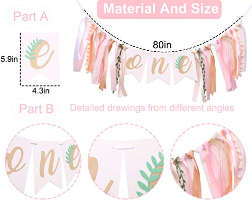 WAHAWU Baby Girl Banner for 1st Birthday - Green Leaf Pink Gold Tan , Rustic High Chair Banner , Boho High Chair Bunting , Photo Decoration Props , Birthday Party Gifts for Girls (Green Leaf pink banner)