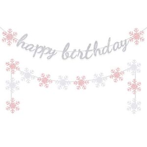 winter happy birthday banner decoration girl party decoration glitter snowflake garland pink silver wall hanging christmas holiday supplies