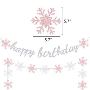 Winter Happy Birthday Banner Decoration Girl Party Decoration Glitter Snowflake Garland Pink Silver Wall Hanging Christmas Holiday Supplies