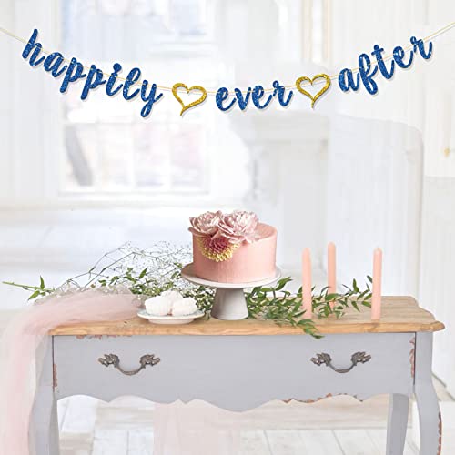 RoadSea Happily Ever After Banner - Bachelorette Party Garland Supplies - Engagement - Wedding Party Decorations - Blue Glitter