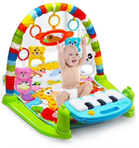 JODIYAAH Baby Gym 3-in-1 Activity Play Mat, Kick and Play Piano Gym with 5 Infant Learning Sensory Baby Toys, Musical Boy & Girl Gifts for Newborn Baby 0+ Months, Baby Play Gym Activity Mat