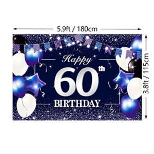 P.G Collin Happy 60th Birthday Banner Backdrop Sign Background 60 Birthday Party Decorations Supplies for Him Men 6 x 4ft Blue Purple, Blue White