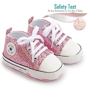 Newborn Baby Girls Boys Canvas Shoes Infant Soft Sole Slip On First Walkers Sneaker Toddler Flat Lazy Loafers High Top Crib Denim Unisex Moccasins Shoe (B/Lightpurple, 0-6 Months)