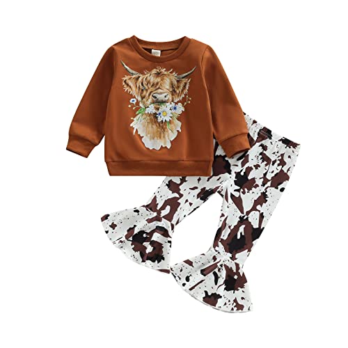 Baby Girl Western Farm Clothes Long Sleeve Floral Cow Sweatshirt Flare Pants Set Toddler Girls Outfit Fall Winter (Caramel Color, 9-12 Months)