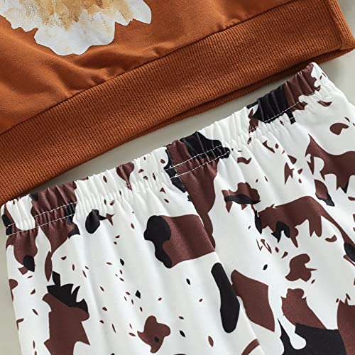 Baby Girl Western Farm Clothes Long Sleeve Floral Cow Sweatshirt Flare Pants Set Toddler Girls Outfit Fall Winter (Caramel Color, 9-12 Months)