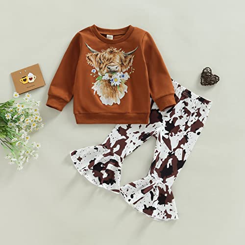 Baby Girl Western Farm Clothes Long Sleeve Floral Cow Sweatshirt Flare Pants Set Toddler Girls Outfit Fall Winter (Caramel Color, 9-12 Months)