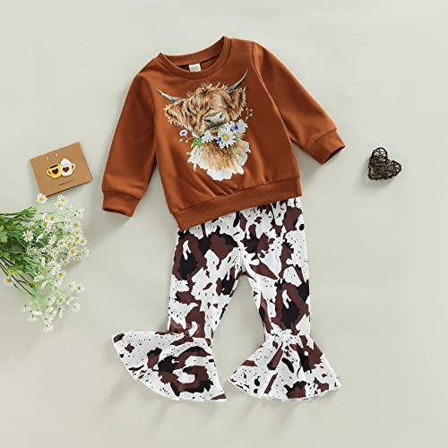 Baby Girl Western Farm Clothes Long Sleeve Floral Cow Sweatshirt Flare Pants Set Toddler Girls Outfit Fall Winter (Caramel Color, 9-12 Months)