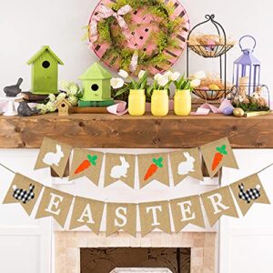 easter burlap banner with buffalo plaid bunny – no diy – rustic farmhouse easter decorations, easter bunny rabbit carrot bunting garland for home mantle – easter bunny banner – easter party decor