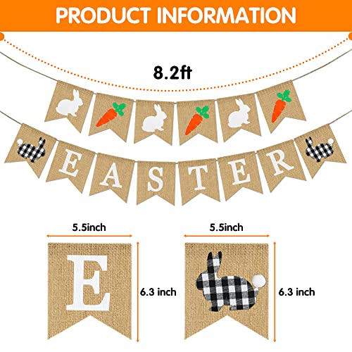 Easter Burlap Banner with Buffalo Plaid Bunny - NO DIY - Rustic Farmhouse Easter Decorations, Easter Bunny Rabbit Carrot Bunting Garland for Home Mantle - Easter Bunny Banner - Easter Party Decor