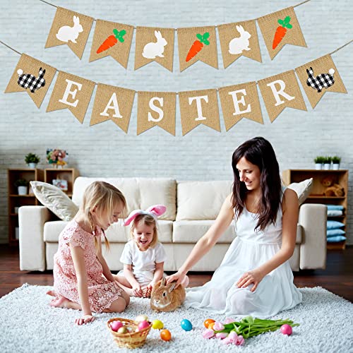 Easter Burlap Banner with Buffalo Plaid Bunny - NO DIY - Rustic Farmhouse Easter Decorations, Easter Bunny Rabbit Carrot Bunting Garland for Home Mantle - Easter Bunny Banner - Easter Party Decor