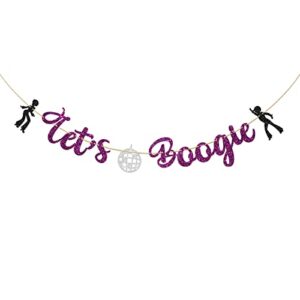 halawawa let’s boogie banner, disco theme birthday / anniversary / wedding / bridal shower / bachelorette party decoration, dacing night prom night bunting banner, back to the 90’s party decor, purple glitter