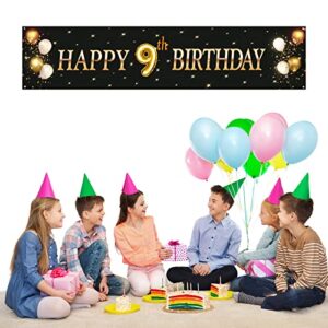 Kimini-Ki Happy 9th Birthday Banner, Lager 9th Birthday Banner Backdrops, 9th Years Old Decor, 9th Birthday Party Decorations for Boys or Girls - Black and Gold (9th)