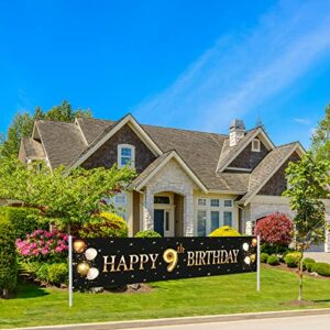 Kimini-Ki Happy 9th Birthday Banner, Lager 9th Birthday Banner Backdrops, 9th Years Old Decor, 9th Birthday Party Decorations for Boys or Girls - Black and Gold (9th)