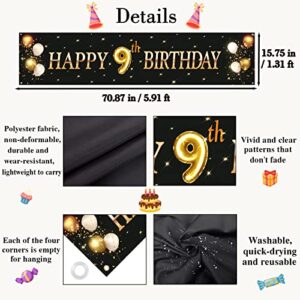 Kimini-Ki Happy 9th Birthday Banner, Lager 9th Birthday Banner Backdrops, 9th Years Old Decor, 9th Birthday Party Decorations for Boys or Girls - Black and Gold (9th)