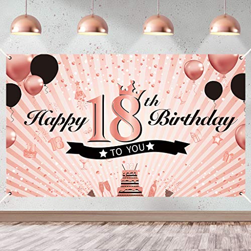 Luxiocio Happy 18th Birthday Banner Decorations for Girls, Rose Gold 18th Birthday Backdrop Supplies, 18 Year Old Birthday Party Poster Background for Indoor Outdoor