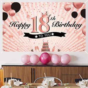 Luxiocio Happy 18th Birthday Banner Decorations for Girls, Rose Gold 18th Birthday Backdrop Supplies, 18 Year Old Birthday Party Poster Background for Indoor Outdoor