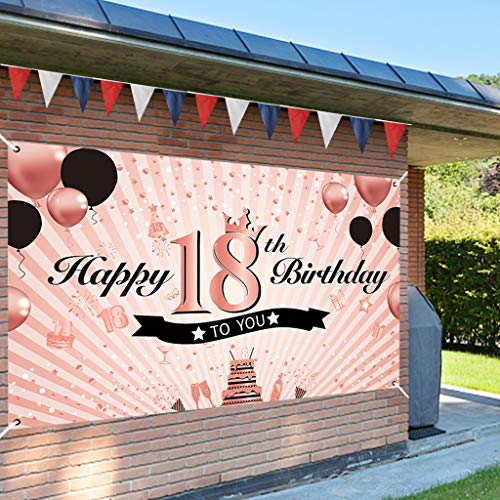 Luxiocio Happy 18th Birthday Banner Decorations for Girls, Rose Gold 18th Birthday Backdrop Supplies, 18 Year Old Birthday Party Poster Background for Indoor Outdoor