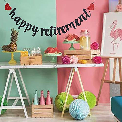 Black Happy Retirement with Two Red Hearts Banner, Vintage Garland for Retirement Party Sign Decorations