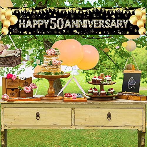 50th Anniversary Banner Decorations, Gold 50 Wedding Anniversary Party Banner Sign Supplies, Happy 50th Anniversary Party Decor Photo Booth Props for Outdoor Indoor(9.8x1.6ft)