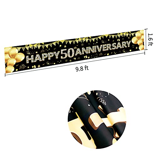 50th Anniversary Banner Decorations, Gold 50 Wedding Anniversary Party Banner Sign Supplies, Happy 50th Anniversary Party Decor Photo Booth Props for Outdoor Indoor(9.8x1.6ft)