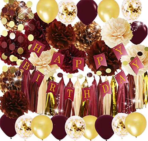 Burgundy Gold Birthday Party Decorations for Women/Fall Birthday Decor Happy Birthday Banner Maroon Gold Balloons Women Burgundy 30th/40th/50th Birthday Party Decorations